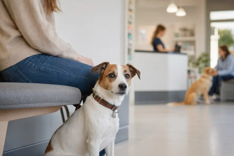 Ein Jack Russell Terrier sitzt ruhig neben seinem Besitzer im hellen Wartezimmer einer modernen Tierarztpraxis.